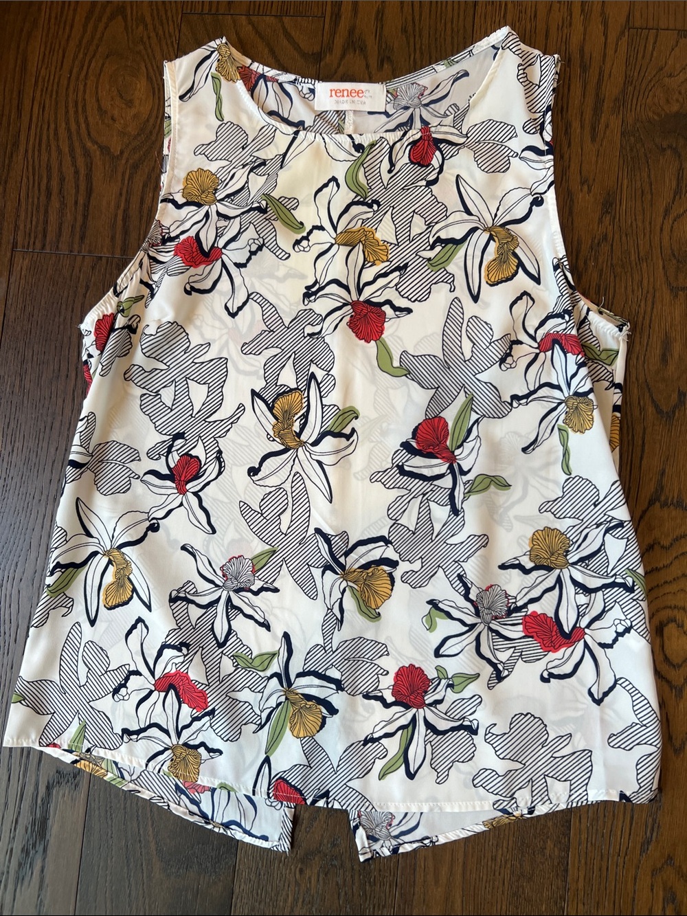Renee C. White Floral Print Sleeveless Top with Red, Yellow & Green Accents